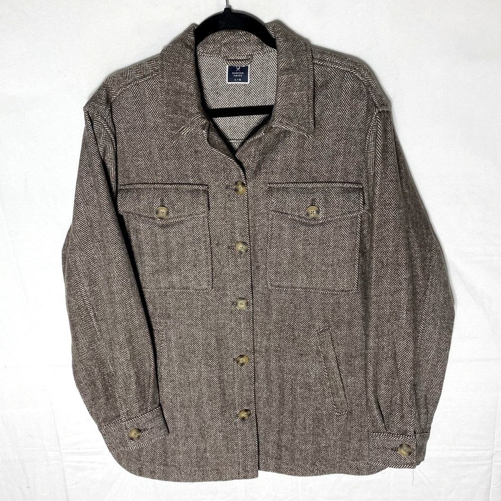 Denver Hayes Brown Herringbone Button Up Shirt Jacket Shacket L